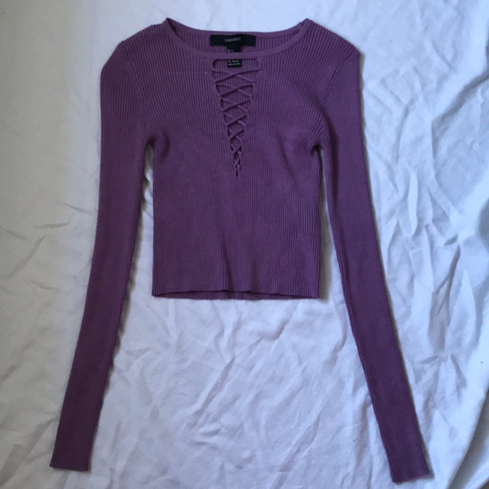 Forever 21 purple lace up long sleeve crop top
